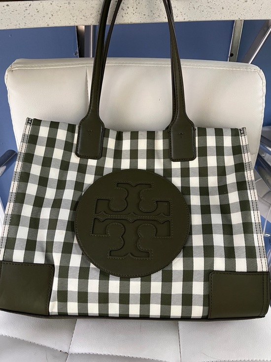 Tory Burch Handbags - Tory Burch Olive and White Gingham Logo Tote with Leather Trim
